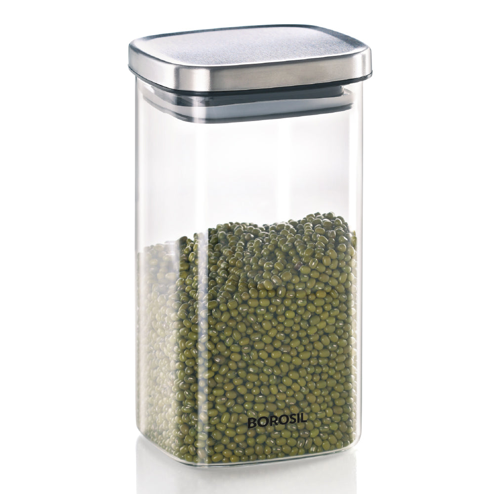 Borosil Classic Square Glass Jar with SS Lid