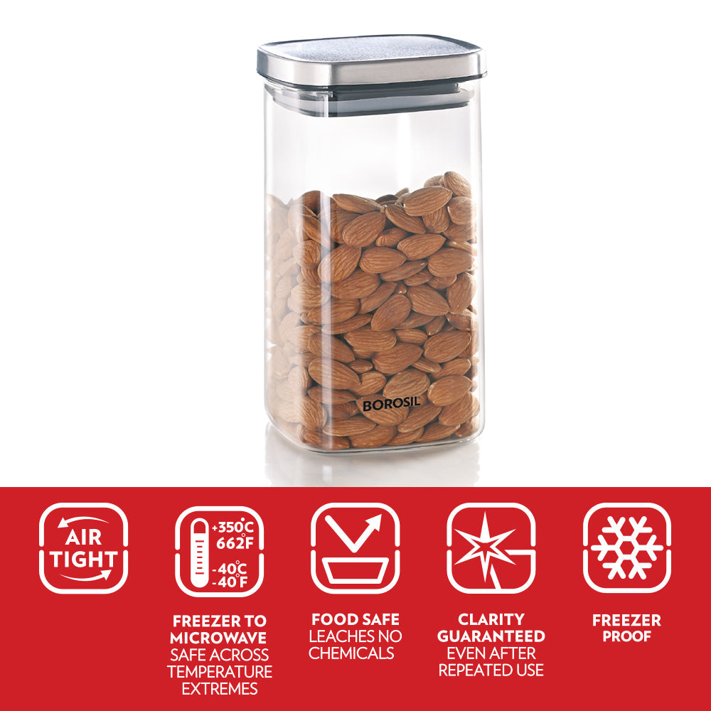 Borosil Classic Square Glass Jar with SS Lid