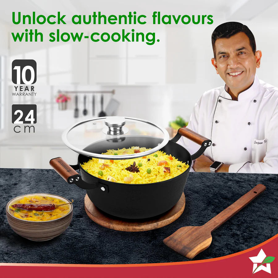 Wonderchef Ferro Light-weight Cast-iron Casserole & Glass Lid 24cm