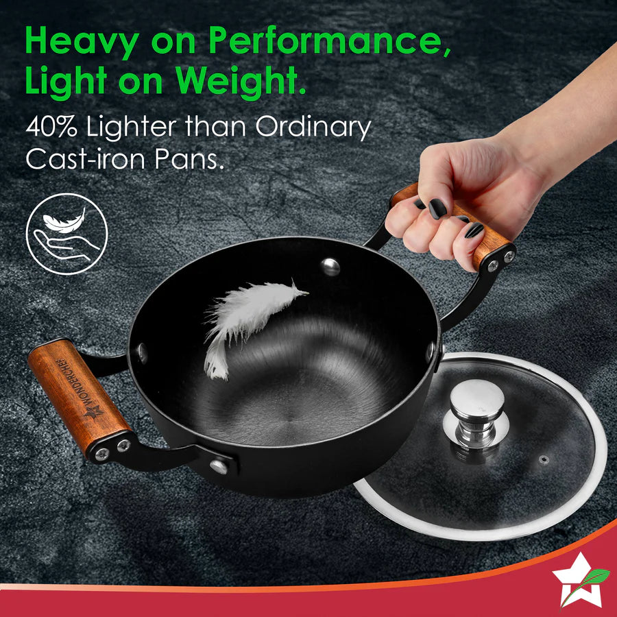Wonderchef Ferro Light-weight Cast-iron Casserole & Glass Lid, 24cm