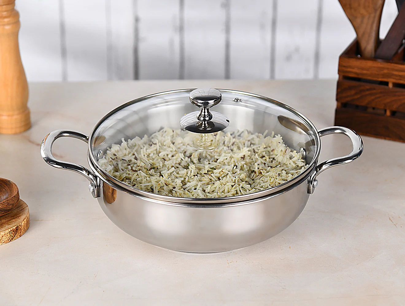 Milton Kadhai with Glass Lid Stainless Steel Sandwich Bottom  22 cm