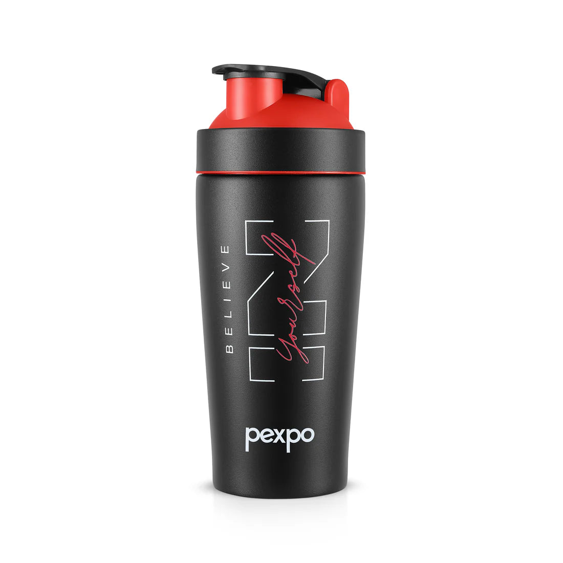 Pexpo Kayo Plus Printed Stainless Steel Shaker Black+Red - Believe Print 500 ML