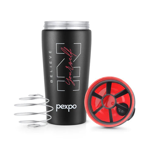 Pexpo Kayo Plus Printed Stainless Steel Shaker Black+Red - Believe Print 500 ML