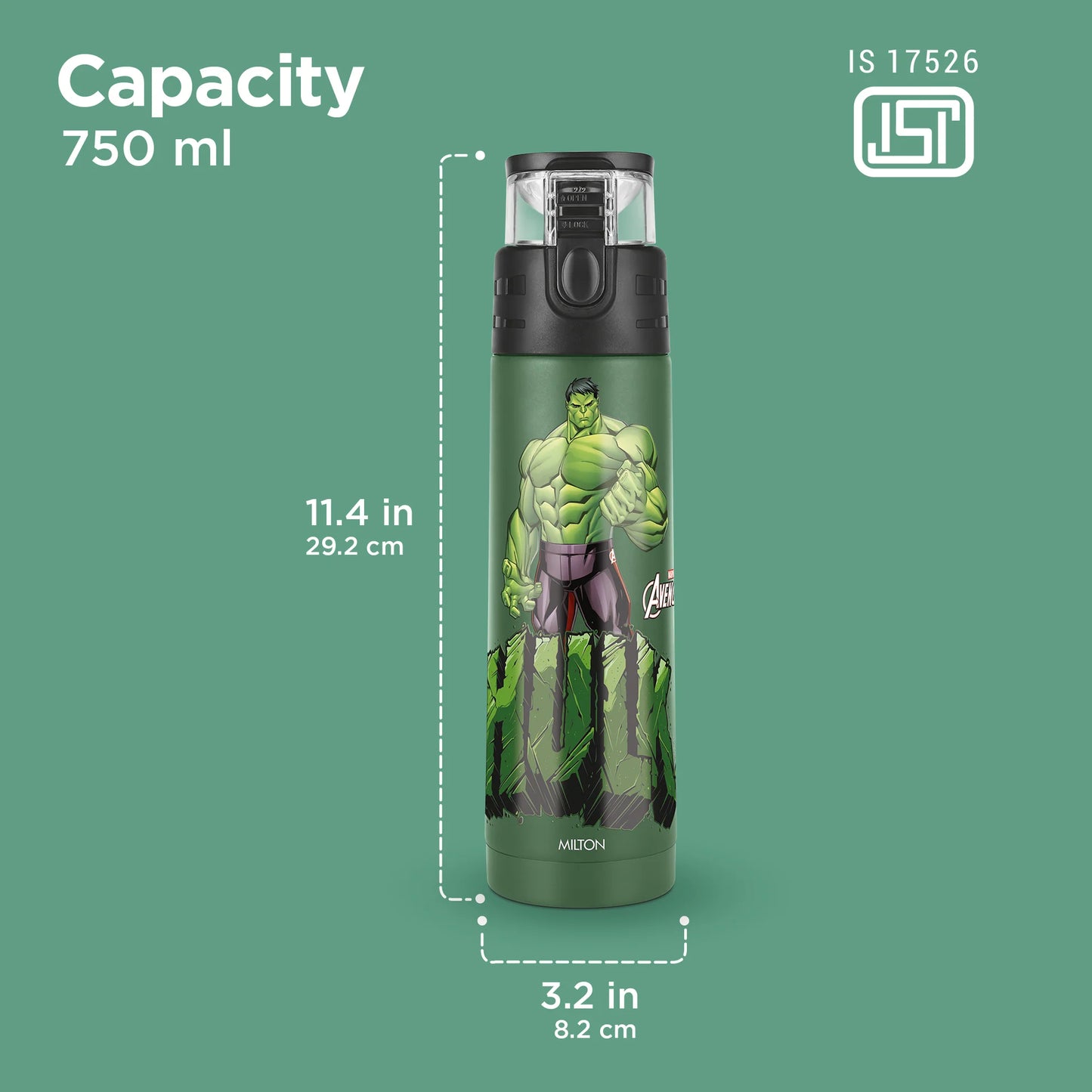Milton Marvel Mighty Hulk Thermosteel Bottle Green 750ML