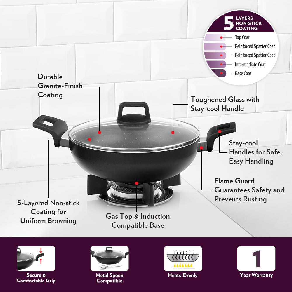 Borosil Granito Nonstick Kadhai with Lid