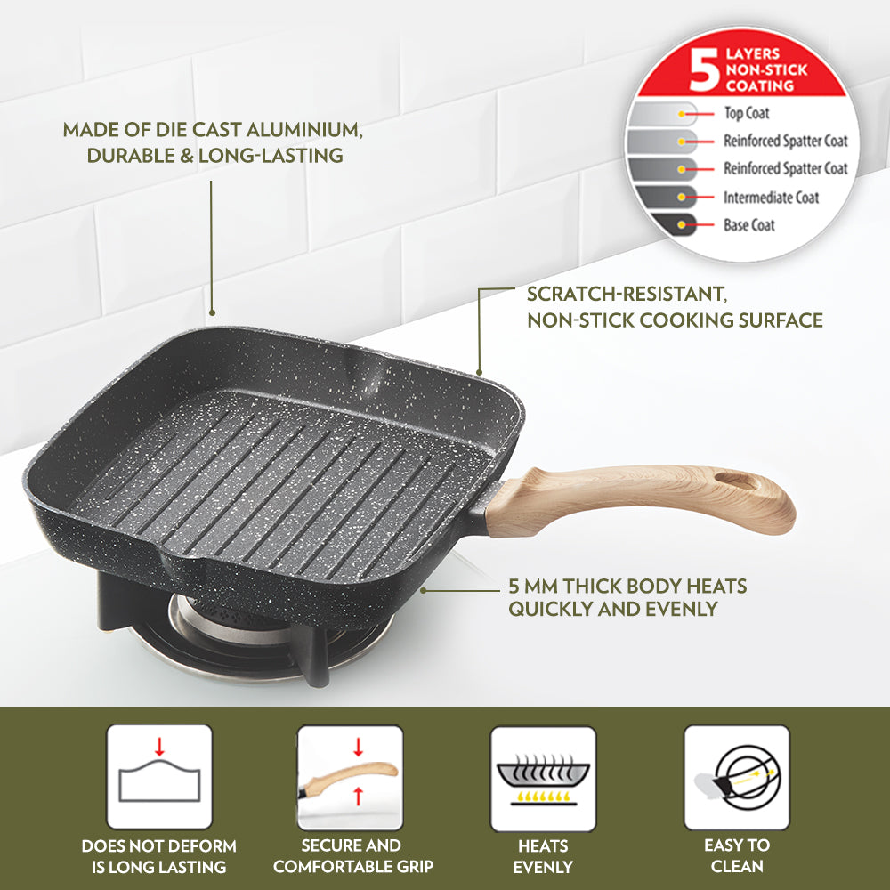 Borosil Vajra Nonstick Square Grill Fry Pan 24CM
