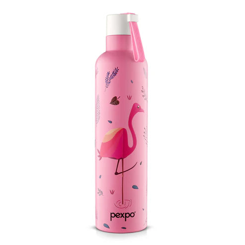 Pexpo Oslo Thermo Steel Bottle | Tri-Ply Vacuum Insulated Hot & Cold Flask | For Daily Use - Pink Flamingo Print 750 ML