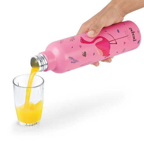Pexpo Oslo Thermo Steel Bottle | Tri-Ply Vacuum Insulated Hot & Cold Flask | For Daily Use - Pink Flamingo Print 750 ML