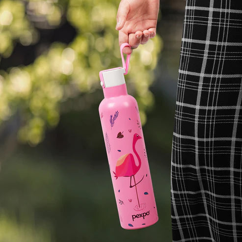 Pexpo Oslo Thermo Steel Bottle | Tri-Ply Vacuum Insulated Hot & Cold Flask | For Daily Use - Pink Flamingo Print 750 ML