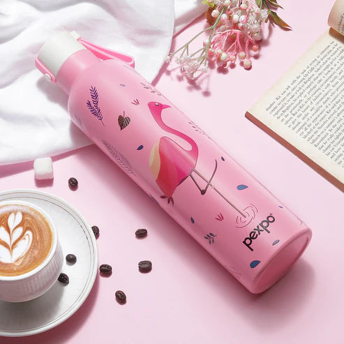 Pexpo Oslo Thermo Steel Bottle | Tri-Ply Vacuum Insulated Hot & Cold Flask | For Daily Use - Pink Flamingo Print 750 ML