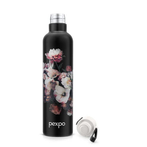 Pexpo Oslo Thermo Steel Bottle | Tri-Ply Vacuum Insulated Hot & Cold Flask | For Daily Use - Black Flower Print - 750 ML