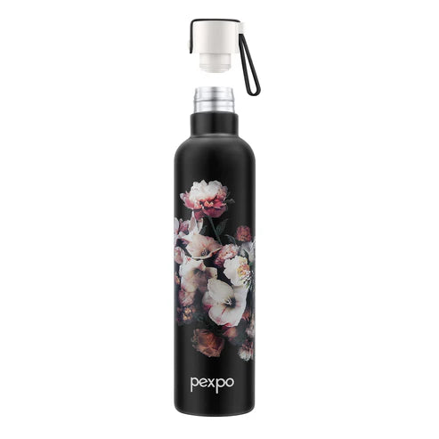 Pexpo Oslo Thermo Steel Bottle | Tri-Ply Vacuum Insulated Hot & Cold Flask | For Daily Use - Black Flower Print - 750 ML