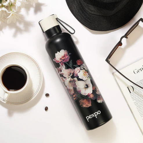 Pexpo Oslo Thermo Steel Bottle | Tri-Ply Vacuum Insulated Hot & Cold Flask | For Daily Use - Black Flower Print - 750 ML