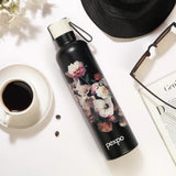 Pexpo Oslo Thermo Steel Bottle | Tri-Ply Vacuum Insulated Hot & Cold Flask | For Daily Use - Black Flower Print - 750 ML