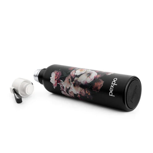 Pexpo Oslo Thermo Steel Bottle | Tri-Ply Vacuum Insulated Hot & Cold Flask | For Daily Use - Black Flower Print - 750 ML