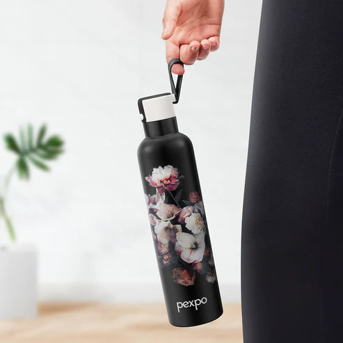 Pexpo Oslo Thermo Steel Bottle | Tri-Ply Vacuum Insulated Hot & Cold Flask | For Daily Use - Black Flower Print - 750 ML