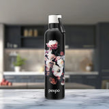 Pexpo Oslo Thermo Steel Bottle | Tri-Ply Vacuum Insulated Hot & Cold Flask | For Daily Use - Black Flower Print - 750 ML