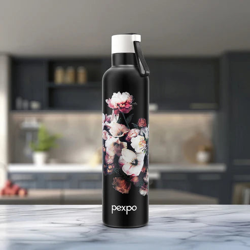 Pexpo Oslo Thermo Steel Bottle | Tri-Ply Vacuum Insulated Hot & Cold Flask | For Daily Use - Black Flower Print - 750 ML