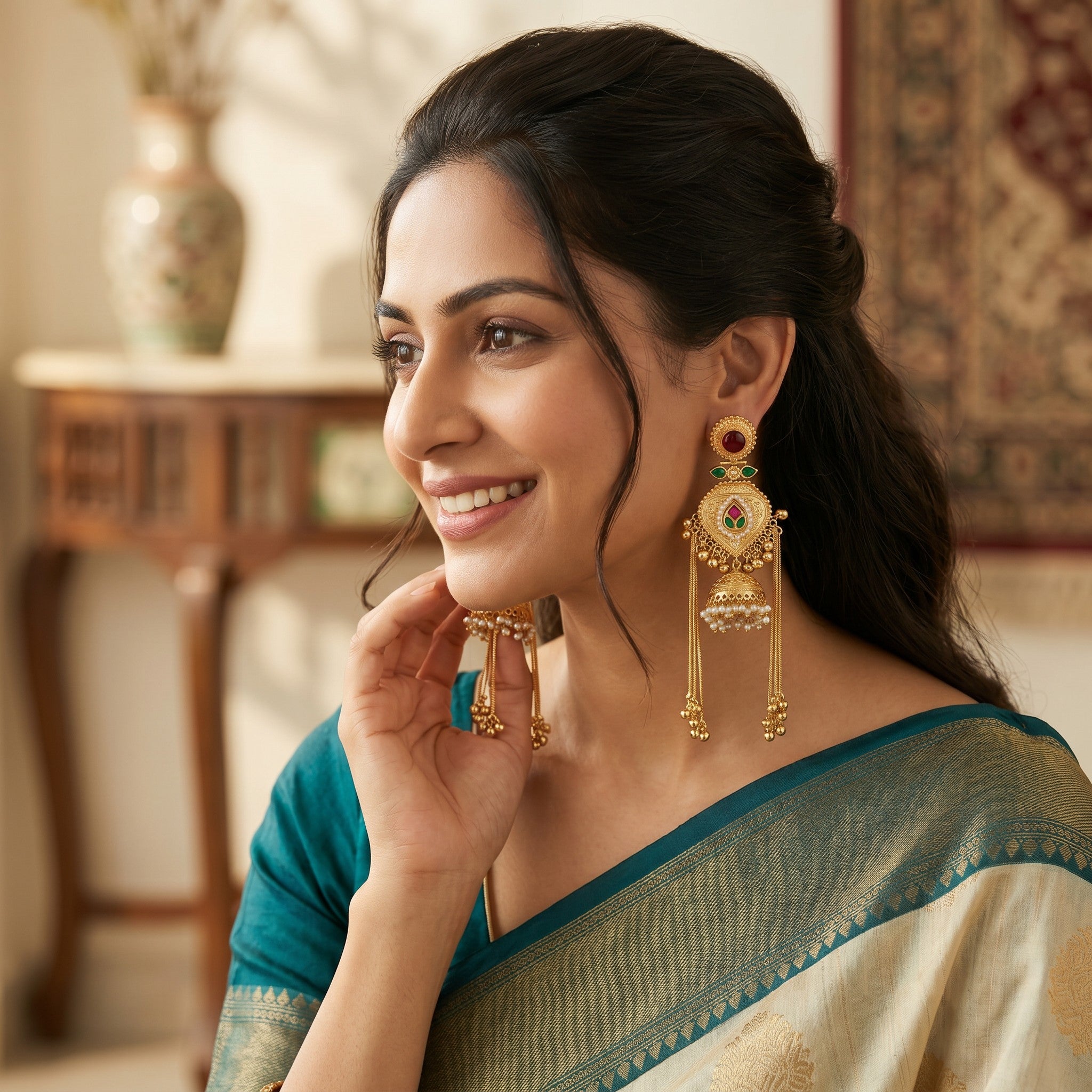 Statement Kashmiri Gold Tone Jhumka Earrings with Pearls for Women