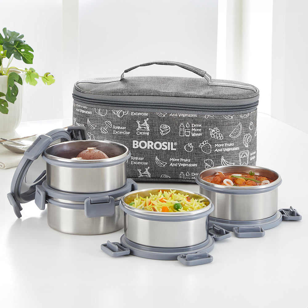 Borosil Slate Round Stainless Steel Lunchbox, Set of 4, 280ml