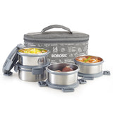 Borosil Slate Round Stainless Steel Lunchbox, Set of 4, 280ml