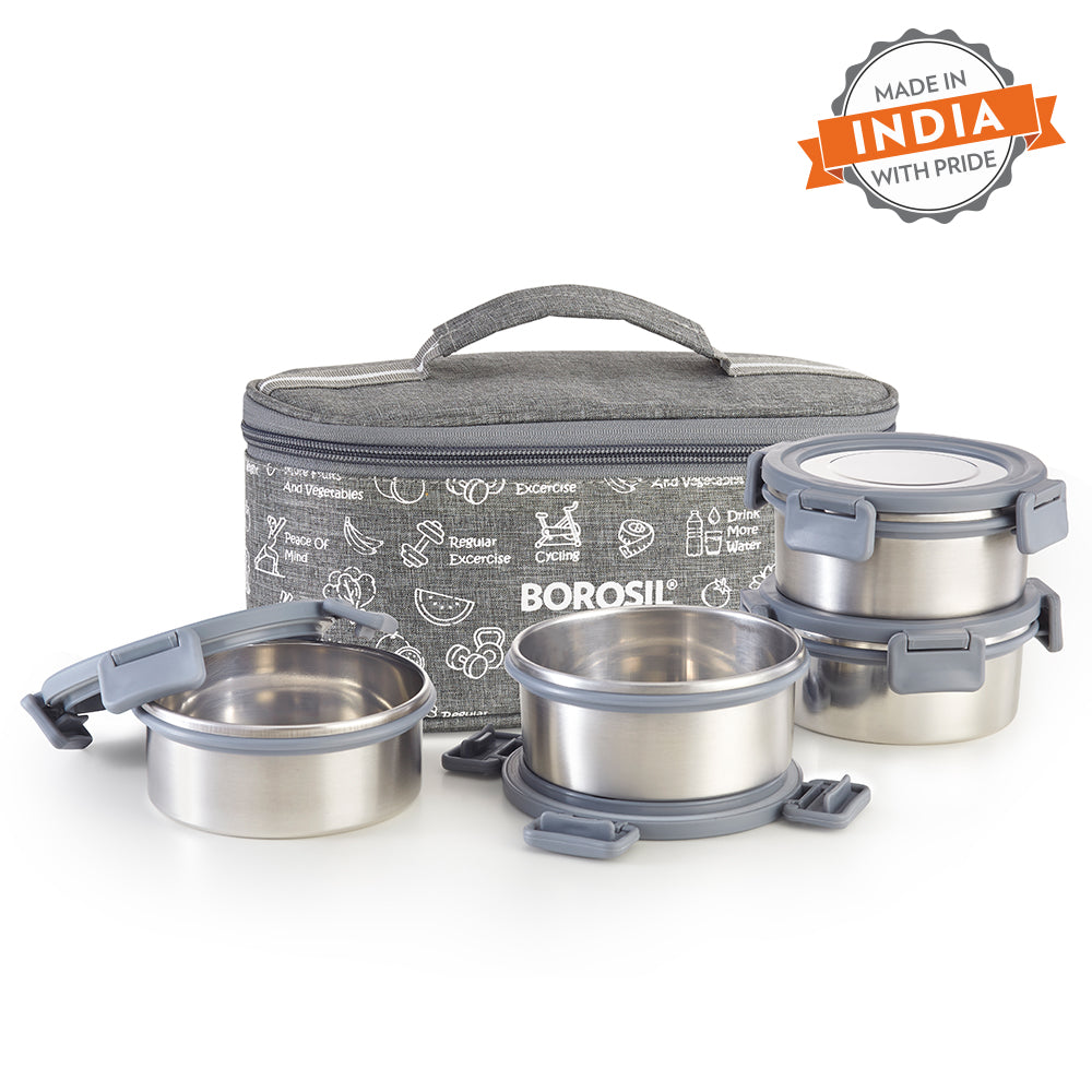 Borosil Slate Round Stainless Steel Lunchbox, Set of 4, 280ml