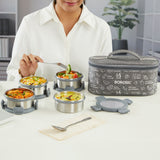 Borosil Slate Round Stainless Steel Lunchbox, Set of 4, 280ml