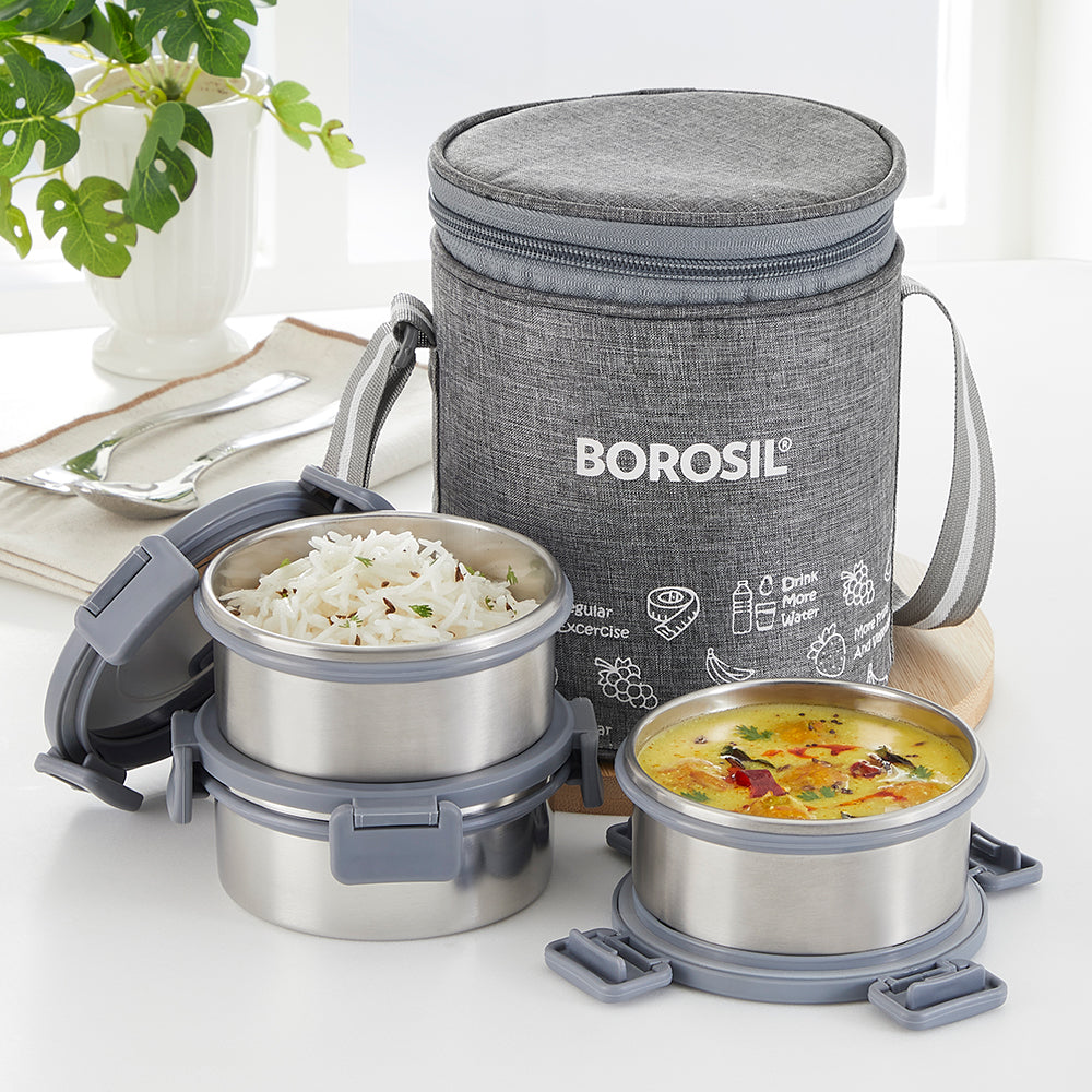 Borosil Slate Round Stainless Steel Lunchbox Set of 3, 280ml