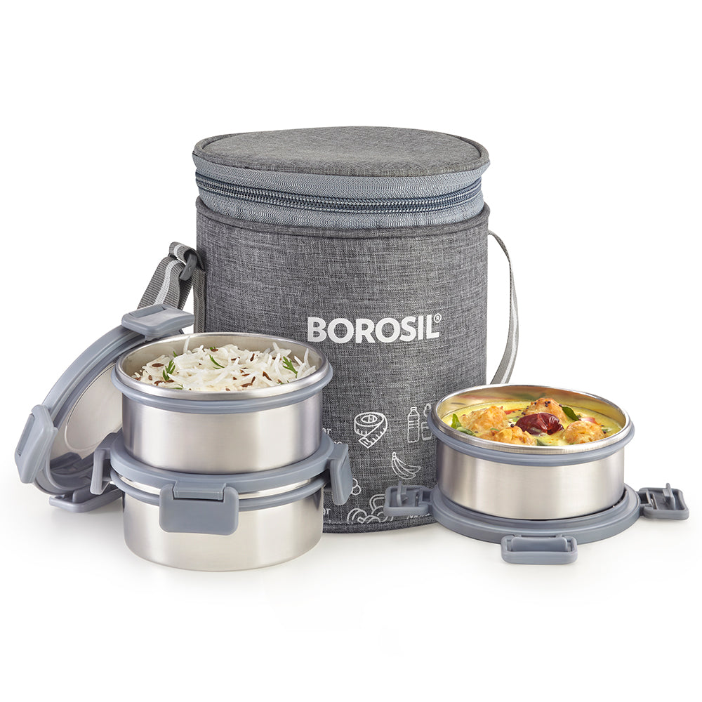 Borosil Slate Round Stainless Steel Lunchbox Set of 3, 280ml