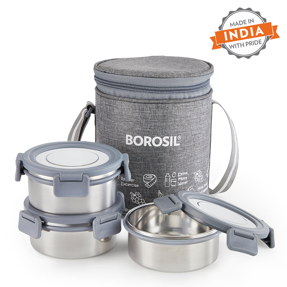 Borosil Slate Round Stainless Steel Lunchbox Set of 3, 280ml