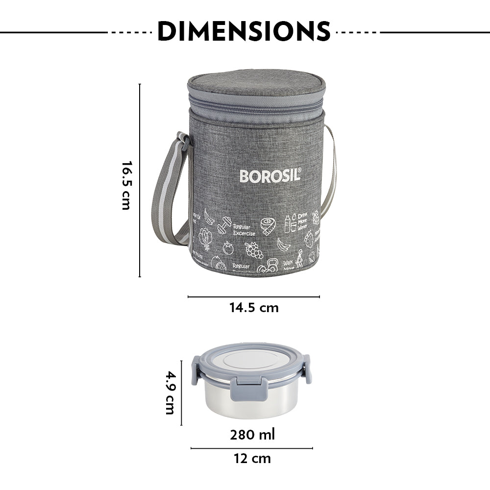 Borosil Slate Round Stainless Steel Lunchbox Set of 3, 280ml
