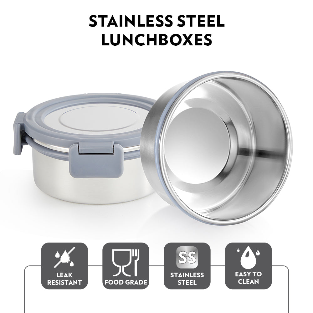 Borosil Slate Round Stainless Steel Lunchbox Set of 3, 280ml