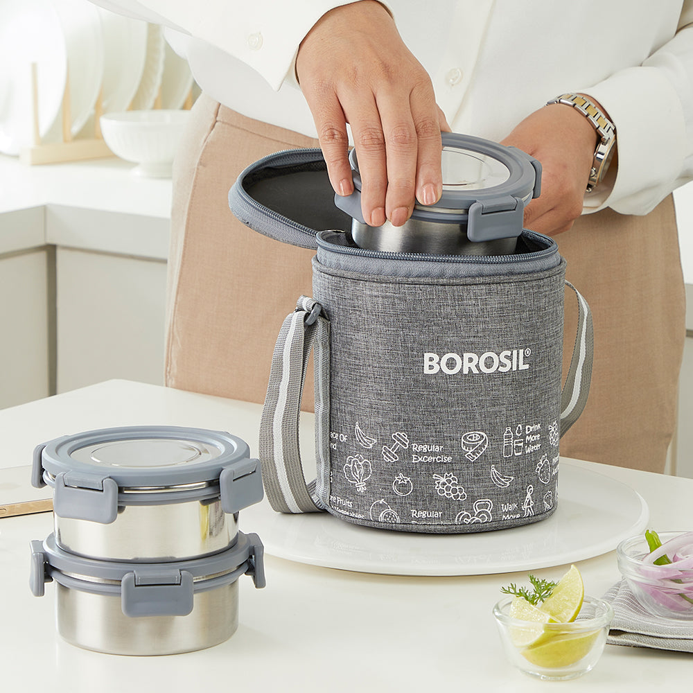 Borosil Slate Round Stainless Steel Lunchbox Set of 3, 280ml
