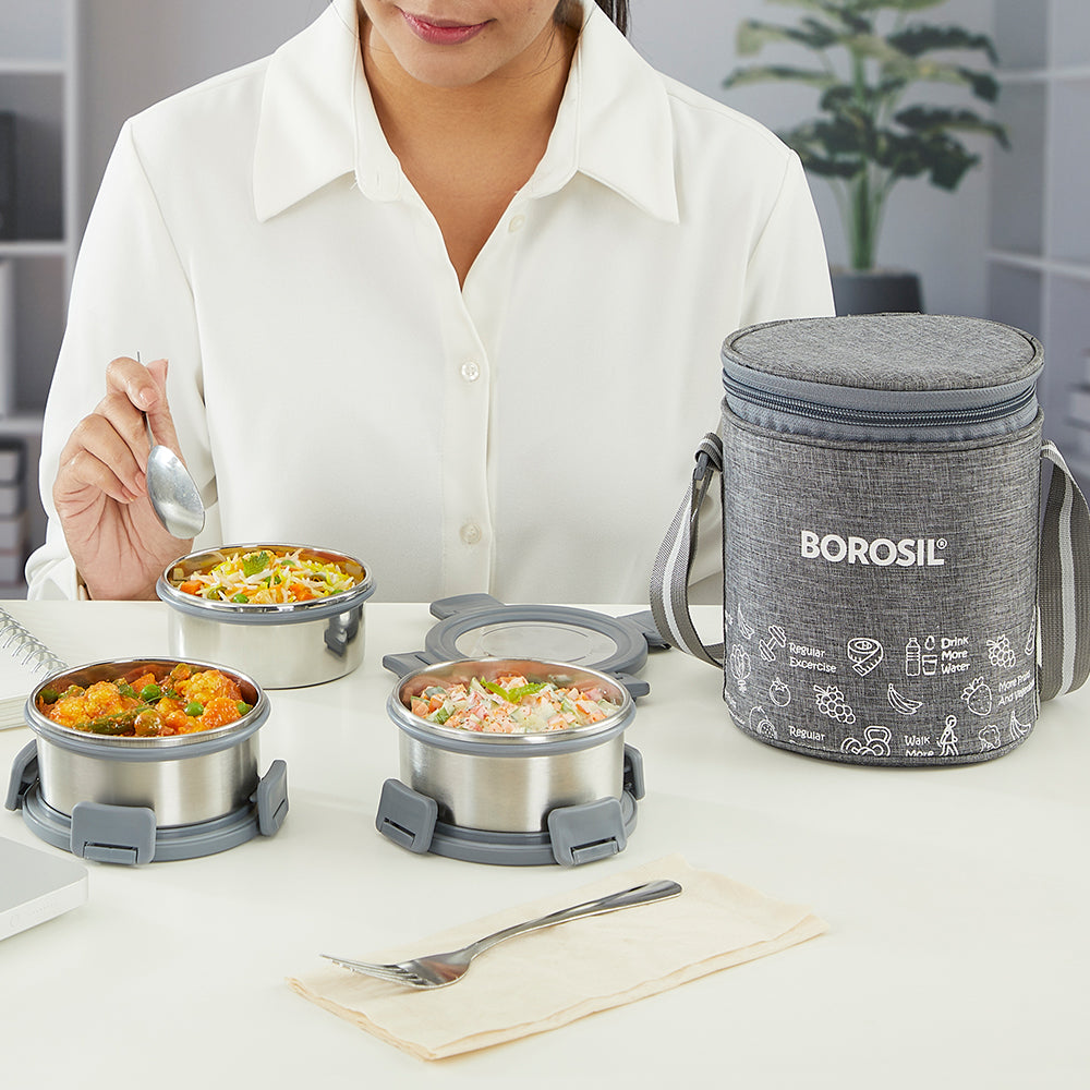 Borosil Slate Round Stainless Steel Lunchbox Set of 3, 280ml