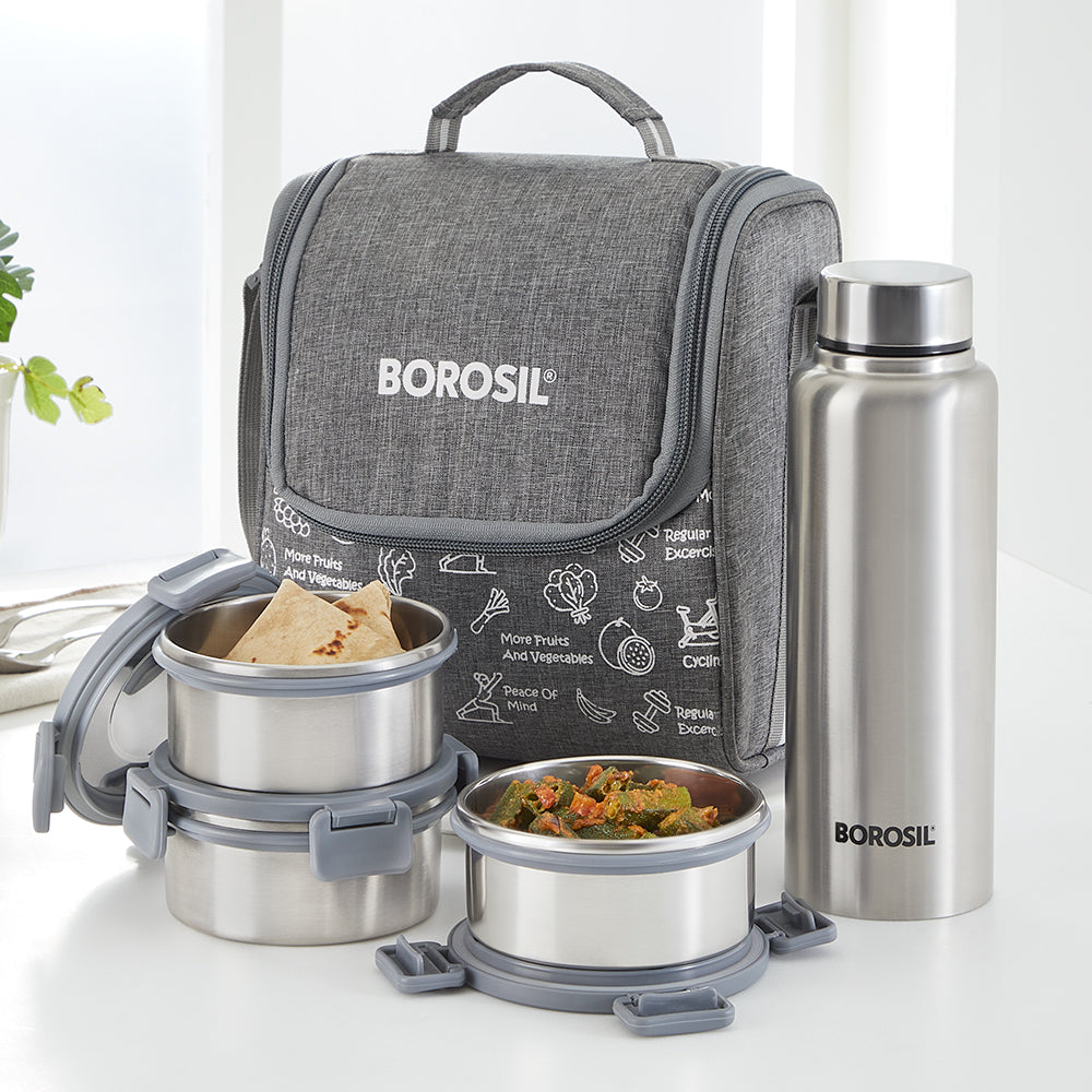 Borosil Slate Round Stainless Steel Lunchbox with Bottle, Set of 4, 280ml x 3 + 600ml (Bottle)