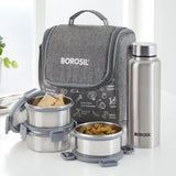 Borosil Slate Round Stainless Steel Lunchbox with Bottle, Set of 4, 280ml x 3 + 600ml (Bottle)
