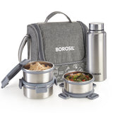 Borosil Slate Round Stainless Steel Lunchbox with Bottle, Set of 4, 280ml x 3 + 600ml (Bottle)