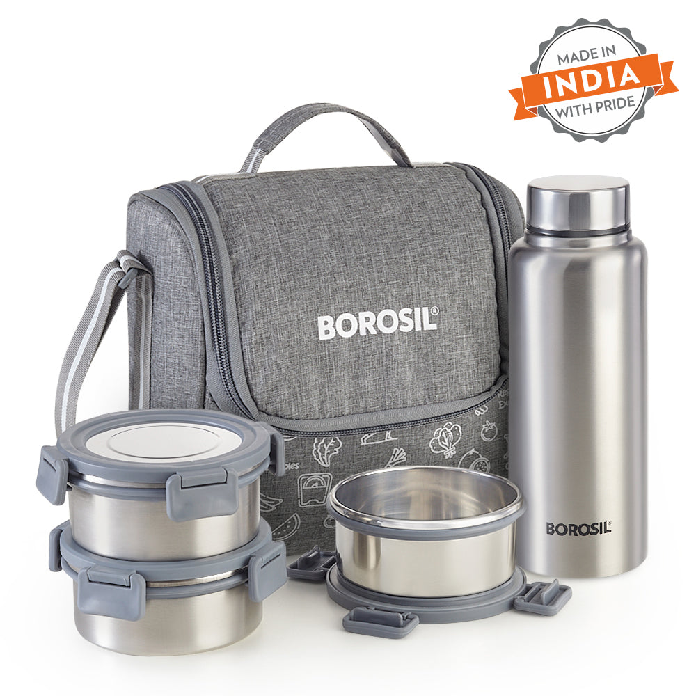 Borosil Slate Round Stainless Steel Lunchbox with Bottle, Set of 4, 280ml x 3 + 600ml (Bottle)