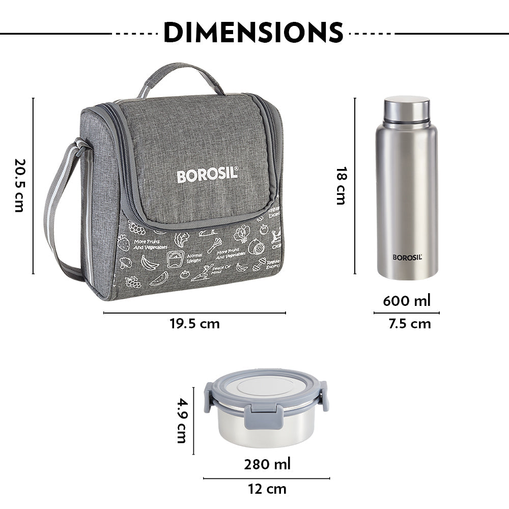 Borosil Slate Round Stainless Steel Lunchbox with Bottle, Set of 4, 280ml x 3 + 600ml (Bottle)