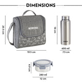 Borosil Slate Round Stainless Steel Lunchbox with Bottle, Set of 4, 280ml x 3 + 600ml (Bottle)