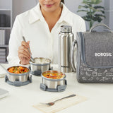 Borosil Slate Round Stainless Steel Lunchbox with Bottle, Set of 4, 280ml x 3 + 600ml (Bottle)