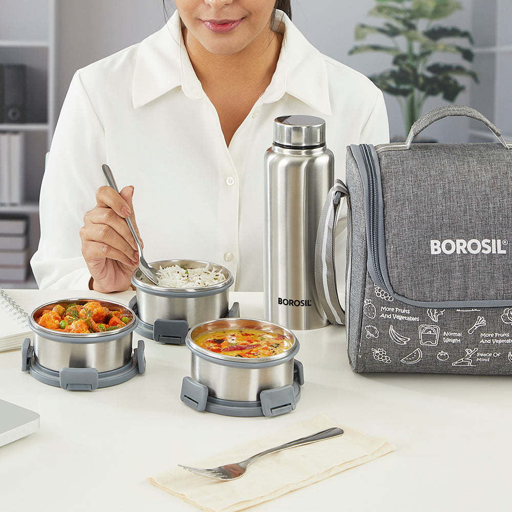 Borosil Slate Round Stainless Steel Lunchbox with Bottle, Set of 4, 280ml x 3 + 600ml (Bottle)