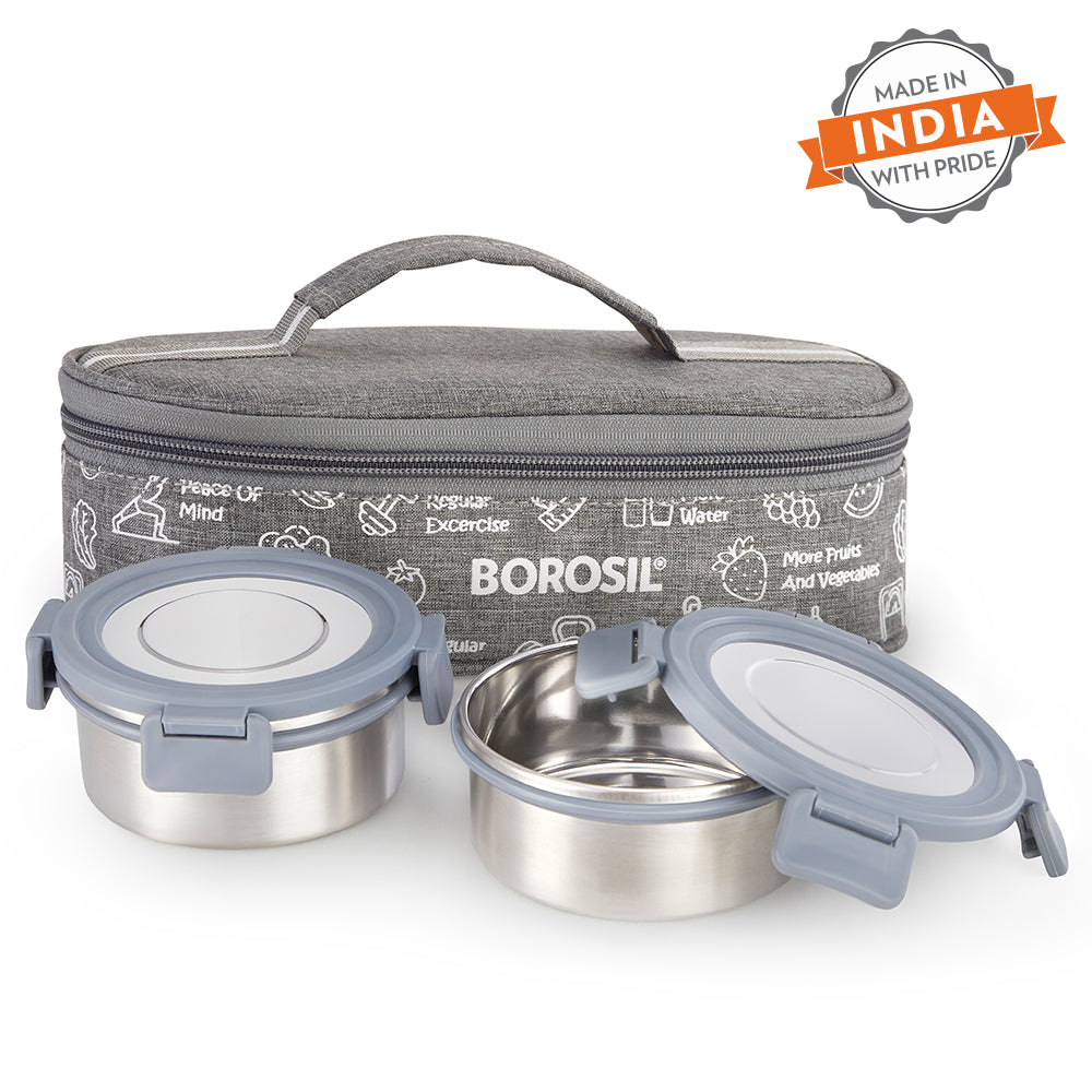 Borosil Slate Round Stainless Steel Lunchbox, Set of 2, 280ml