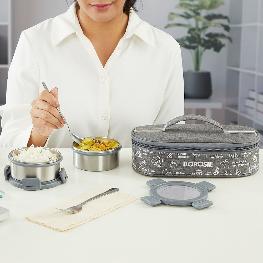 Borosil Slate Round Stainless Steel Lunchbox, Set of 2, 280ml
