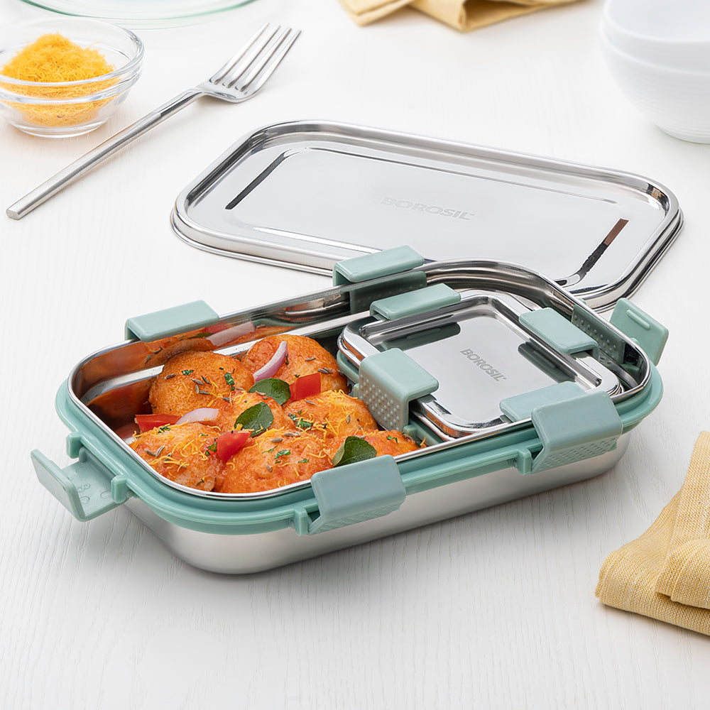 Borosil Slim Rectangular Stainless Steel Lunch Box, Set of 2, 700ml + 125ml