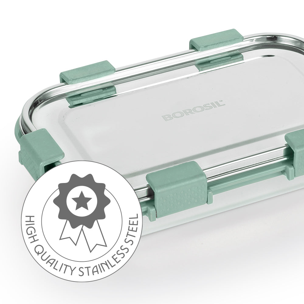 Borosil Slim Rectangular Stainless Steel Lunch Box, Set of 2, 700ml + 125ml