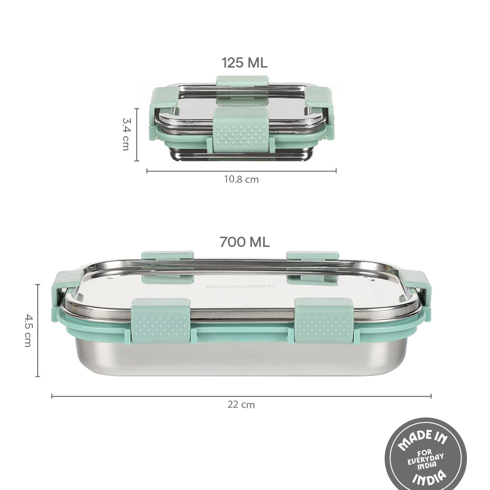 Borosil Slim Rectangular Stainless Steel Lunch Box, Set of 2, 700ml + 125ml