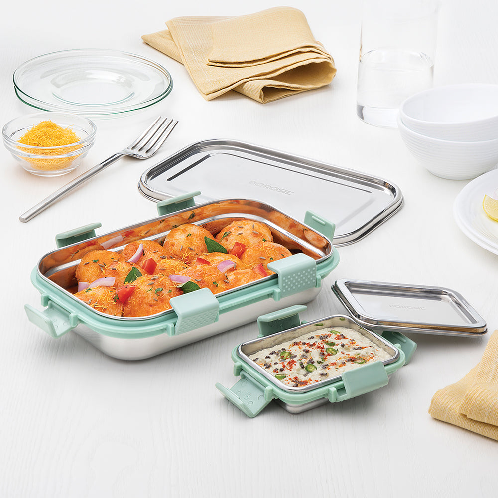 Borosil Slim Rectangular Stainless Steel Lunch Box, Set of 2, 700ml + 125ml