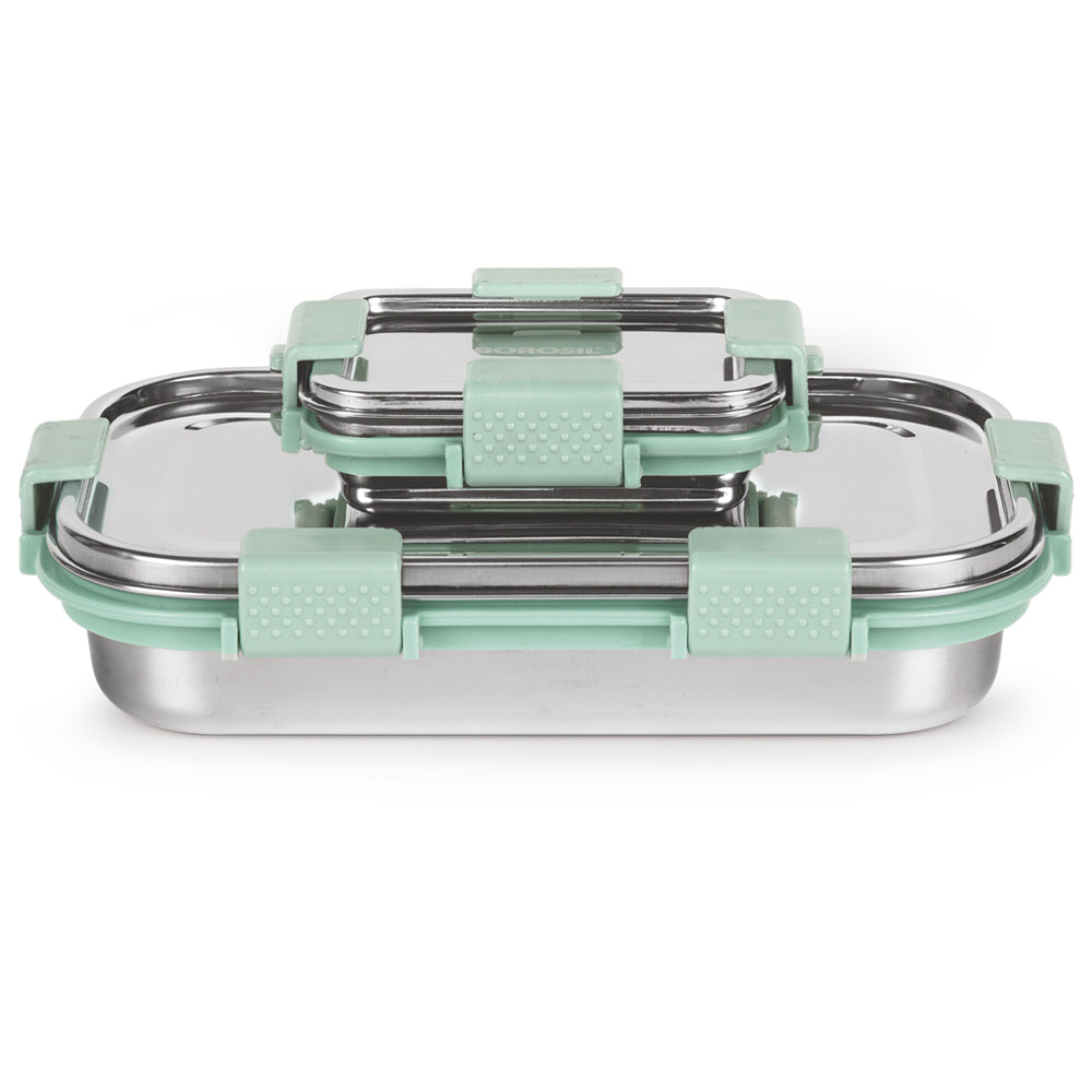 Borosil Slim Rectangular Stainless Steel Lunch Box, Set of 2, 700ml + 125ml