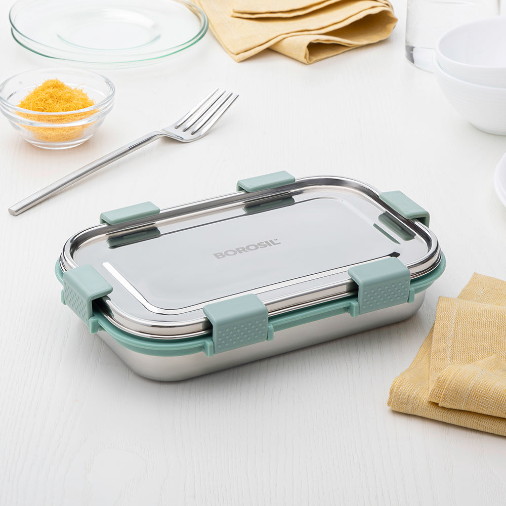Borosil Slim Rectangular Stainless Steel Lunch Box, Set of 2, 700ml + 125ml
